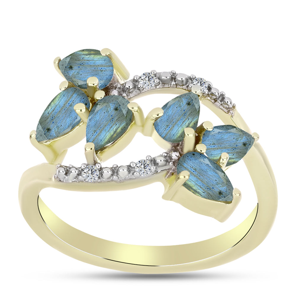 Anillo de Plata Bañada en Oro con Labradorita y Topacio Blanco 3 