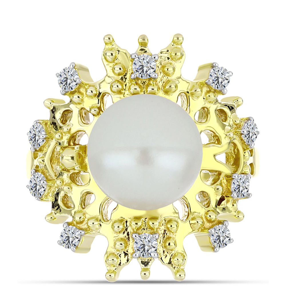 Anillo de Plata Bañada en Oro con Perla de Agua Dulce y Topacio Blanco