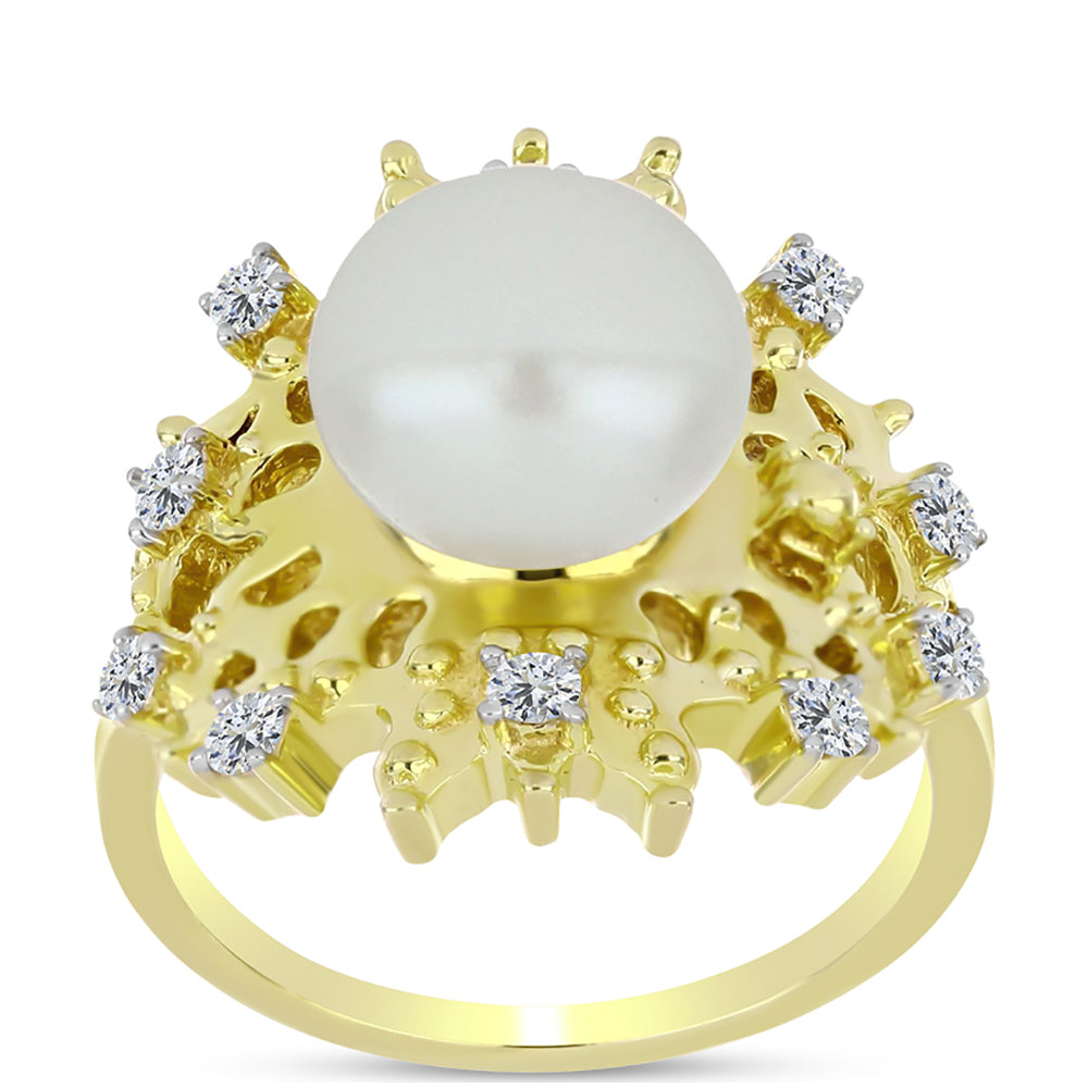 Anillo de Plata Bañada en Oro con Perla de Agua Dulce y Topacio Blanco 3 