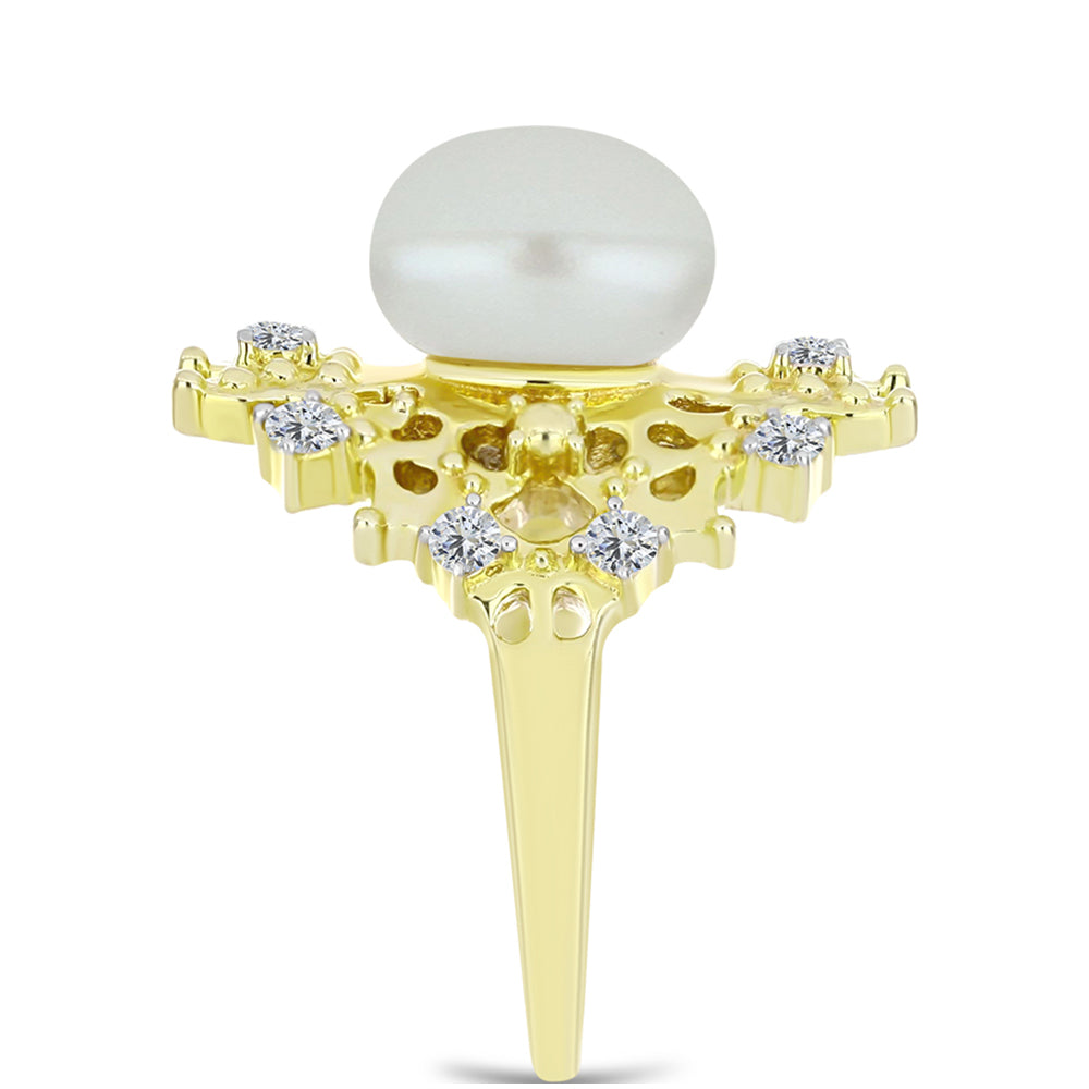 Anillo de Plata Bañada en Oro con Perla de Agua Dulce y Topacio Blanco