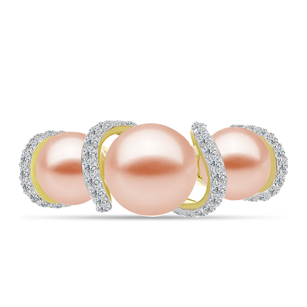 Anillo de Plata Bañada en Oro con Perla de agua dulce melocotón y Topacio Blanco