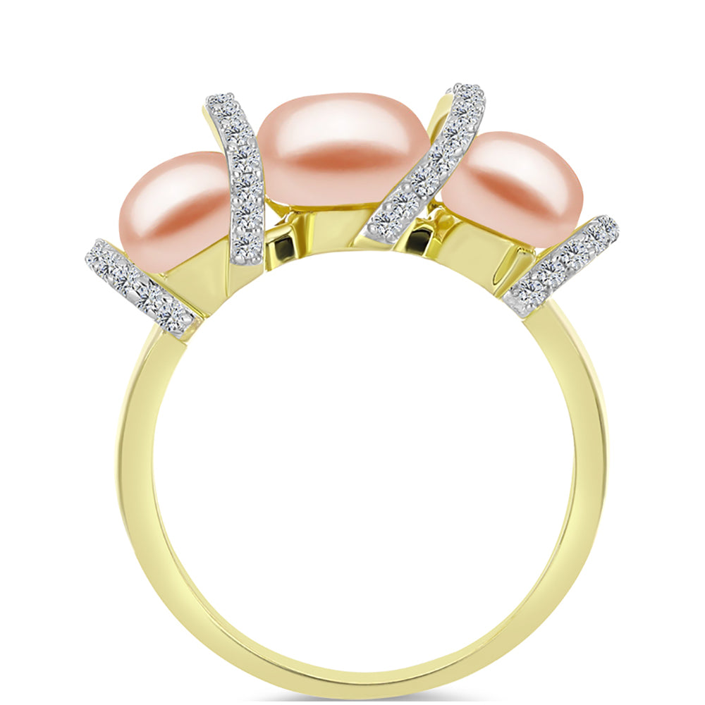 Anillo de Plata Bañada en Oro con Perla de agua dulce melocotón y Topacio Blanco 2 