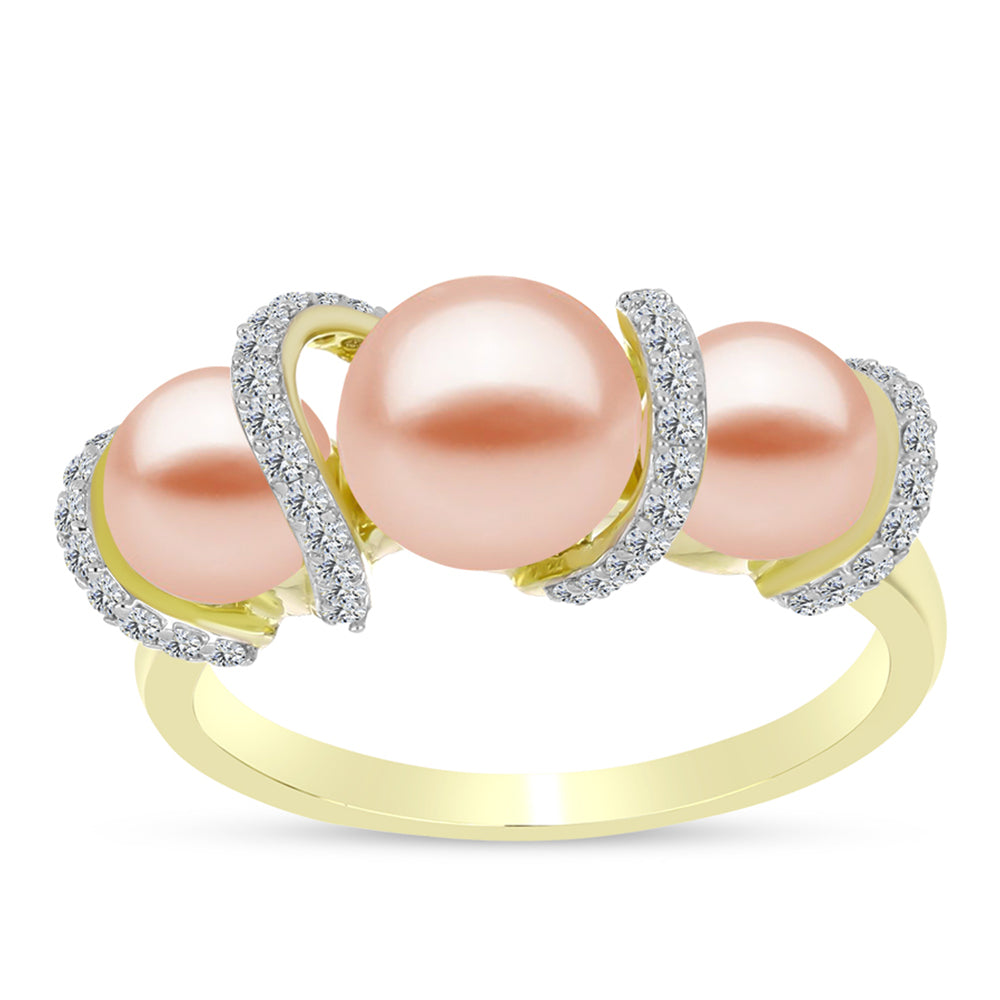Anillo de Plata Bañada en Oro con Perla de agua dulce melocotón y Topacio Blanco 3 