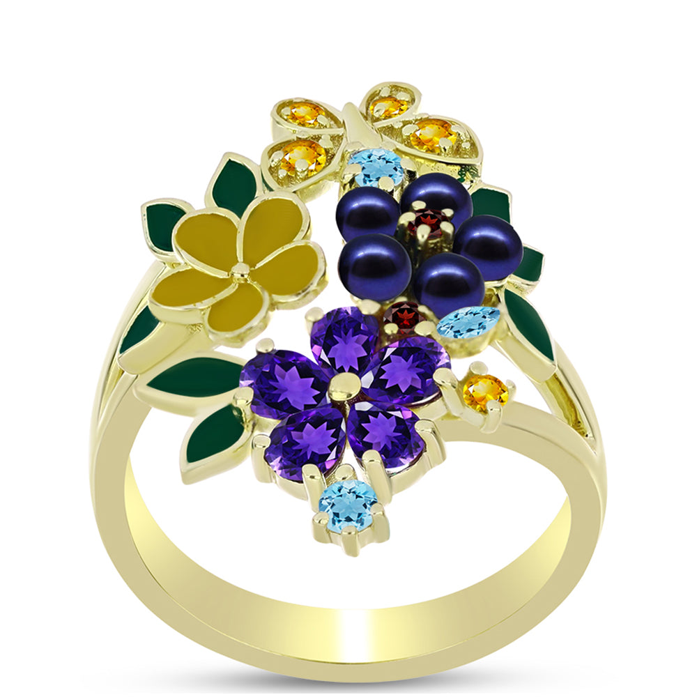 Anillo de Plata Bañada en Oro con Perla de río negra y Amatista de Marruecos