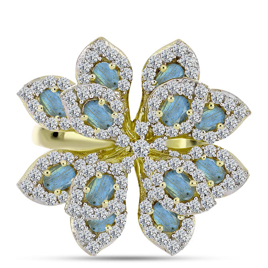 Anillo de Plata Bañada en Oro con Labradorita y Topacio Blanco