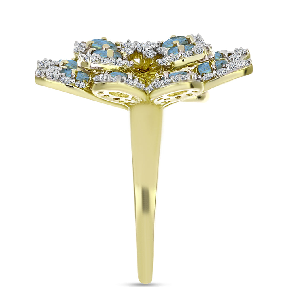 Anillo de Plata Bañada en Oro con Labradorita y Topacio Blanco