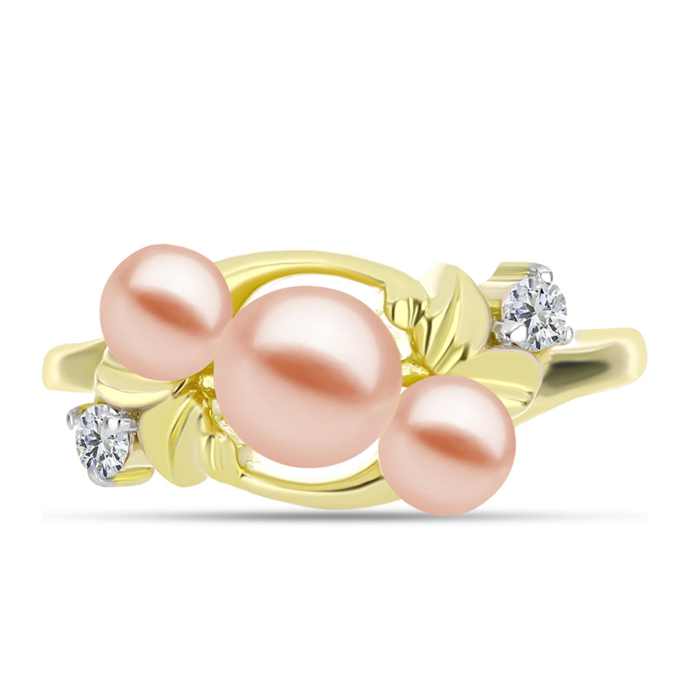 Anillo de Plata Bañada en Oro con Perla de agua dulce melocotón y Topacio Blanco 1 