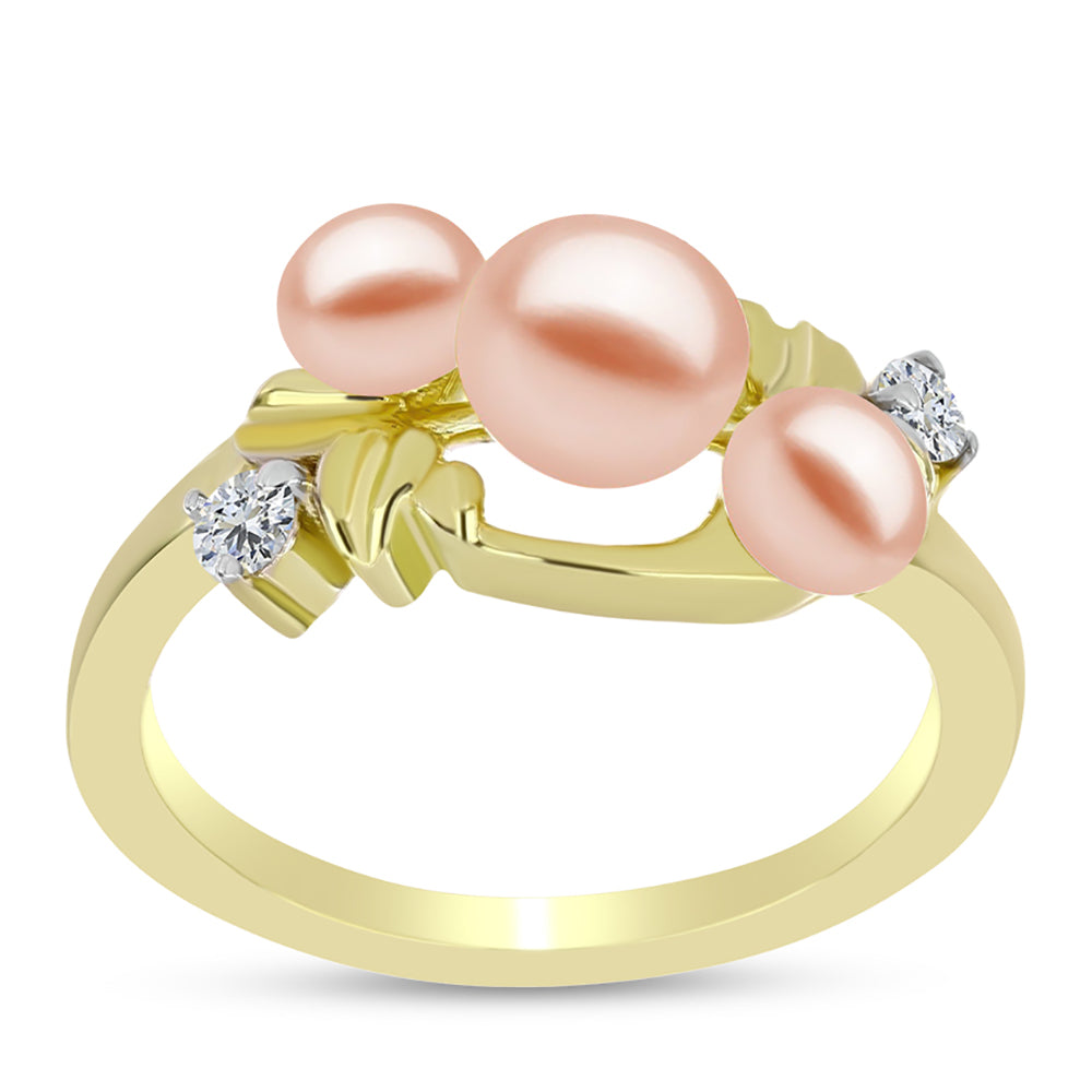 Anillo de Plata Bañada en Oro con Perla de agua dulce melocotón y Topacio Blanco 3 