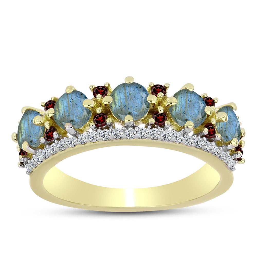 Anillo de Plata Bañada en Oro con Labradorita y Granate Barton