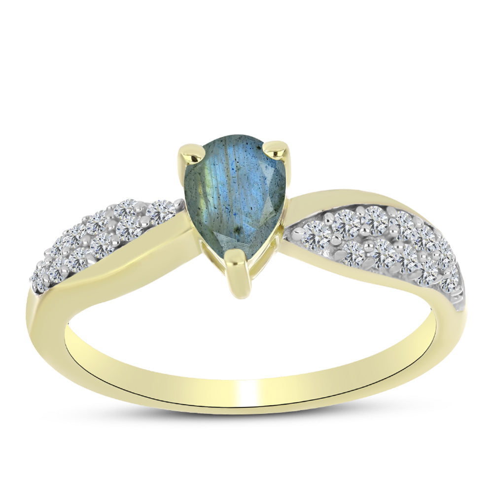 Anillo de Plata Bañada en Oro con Labradorita y Topacio Blanco