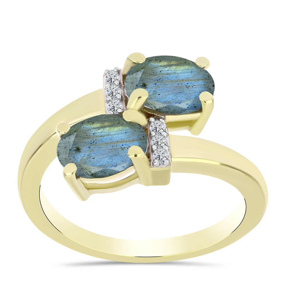 Anillo de Plata Bañada en Oro con Labradorita y Topacio Blanco