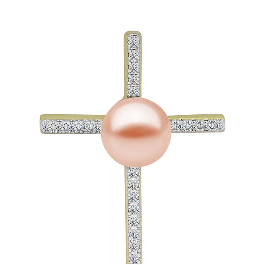 Cruz Colgante de Plata Bañada en Oro con Perla de agua dulce melocotón y Topacio Blanco