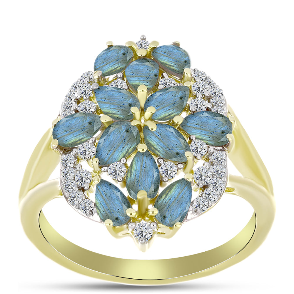 Anillo de Plata Bañada en Oro con Labradorita y Topacio Blanco