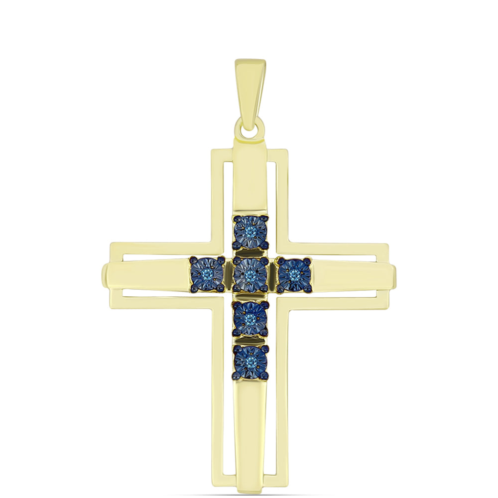 Cruz Colgante de Plata Bañada en Oro con Diamante Azul