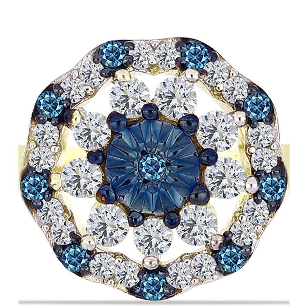 Anillo de Plata Bañada en Oro con Diamante Azul y Topacio Blanco 5 