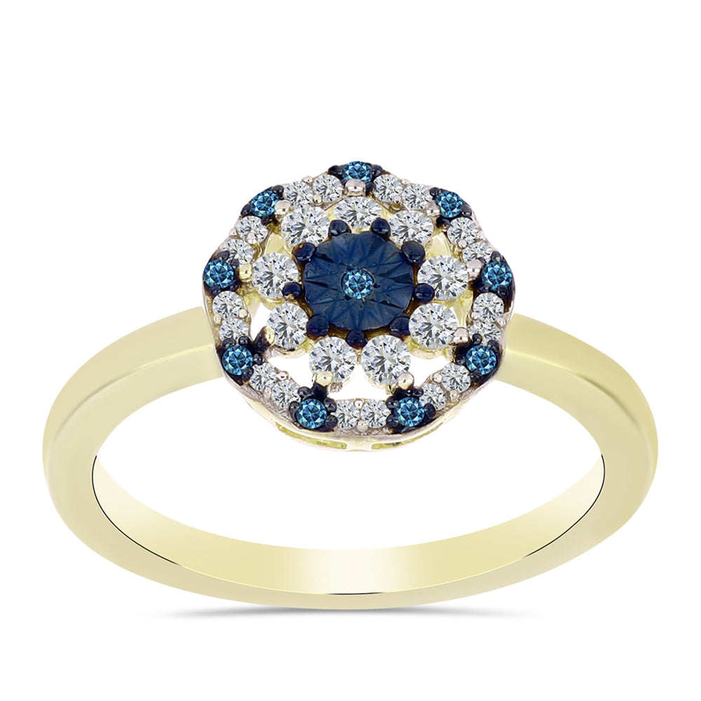 Anillo de Plata Bañada en Oro con Diamante Azul y Topacio Blanco