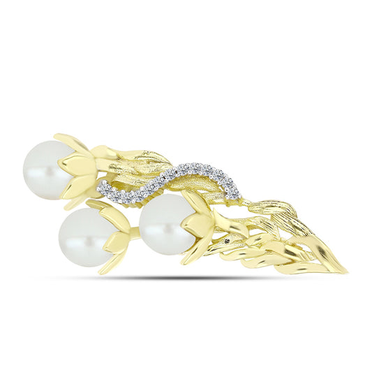 Broche de Plata Bañada en Oro con Perla de Agua Dulce y Topacio Blanco