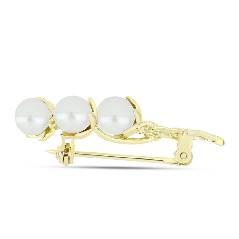 Broche de Plata Bañada en Oro con Perla de Agua Dulce y Topacio Blanco 2 