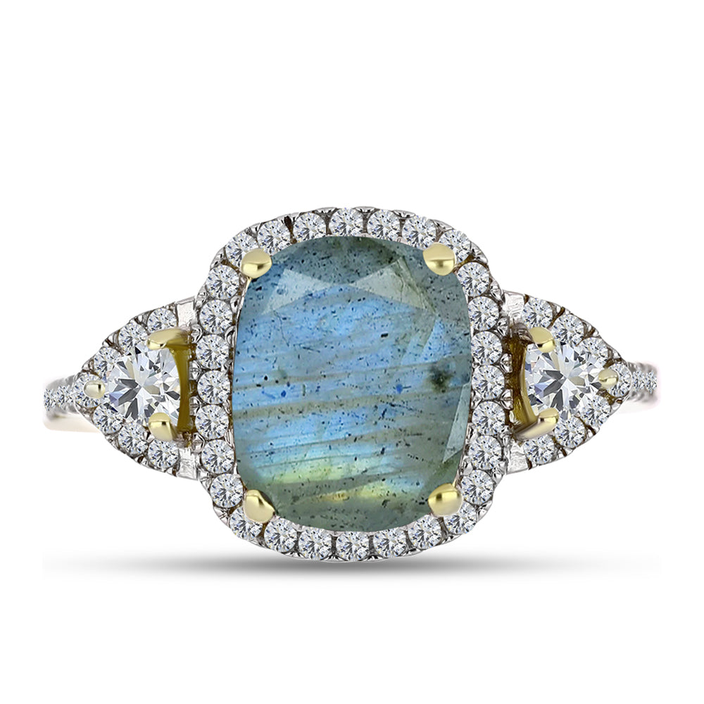 Anillo de Plata Bañada en Oro con Labradorita y Topacio Blanco 1 