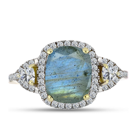 Anillo de Plata Bañada en Oro con Labradorita y Topacio Blanco