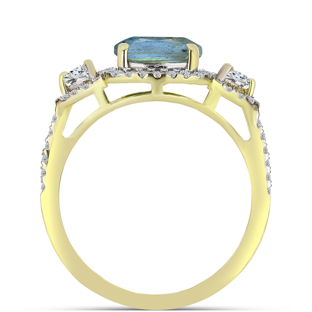 Anillo de Plata Bañada en Oro con Labradorita y Topacio Blanco