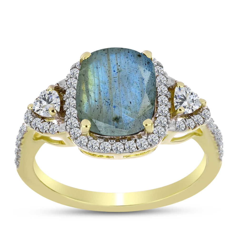 Anillo de Plata Bañada en Oro con Labradorita y Topacio Blanco 7 