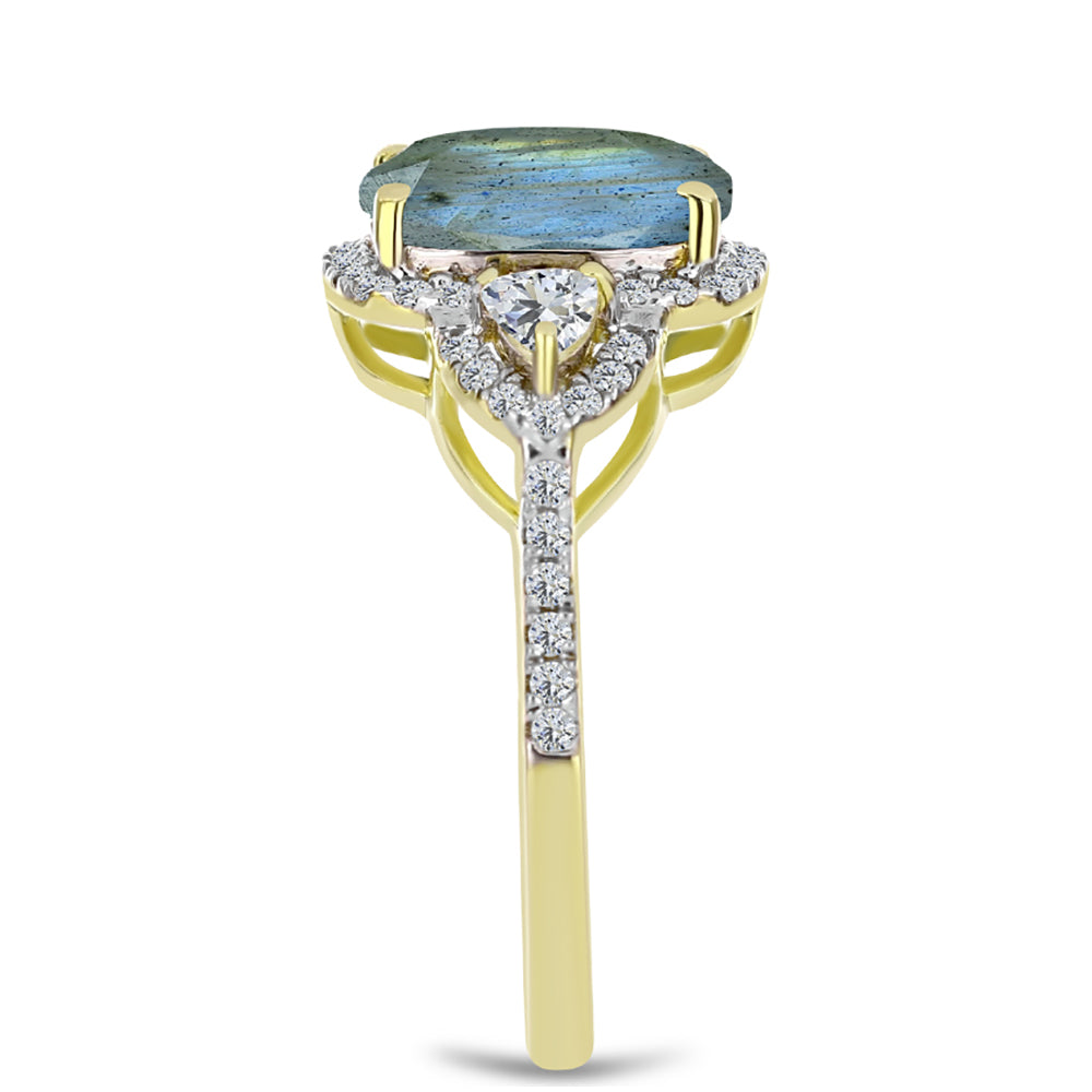 Anillo de Plata Bañada en Oro con Labradorita y Topacio Blanco 8 