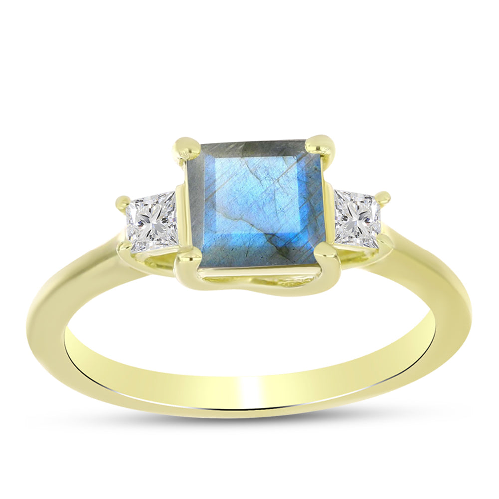 Anillo de Plata Bañada en Oro con Labradorita y Topacio Blanco 3 
