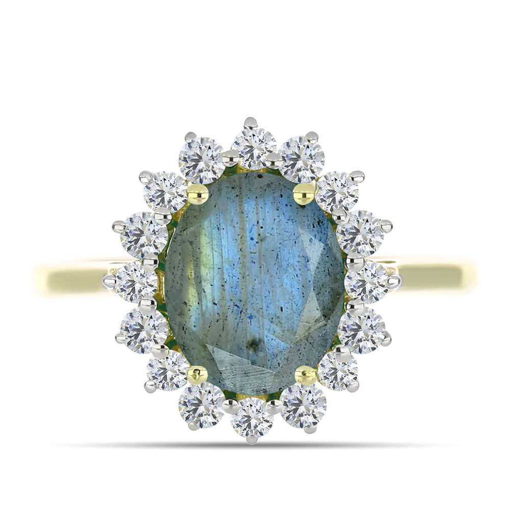 Anillo de Plata Bañada en Oro con Labradorita y Topacio Blanco 1 