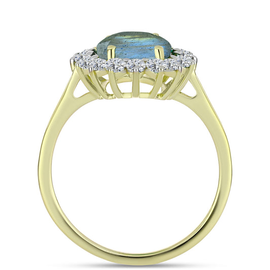 Anillo de Plata Bañada en Oro con Labradorita y Topacio Blanco