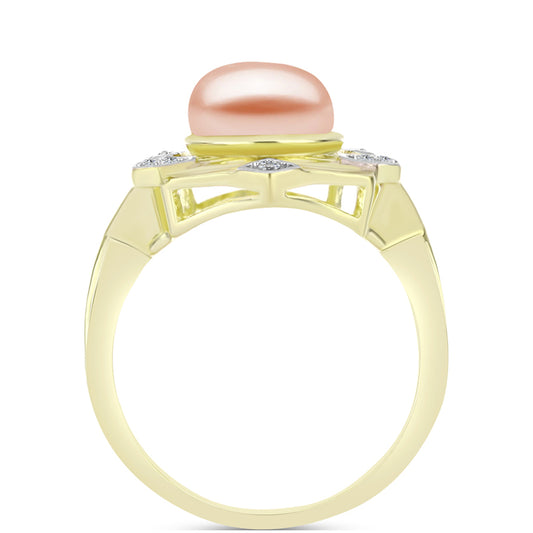 Anillo de Plata Bañada en Oro con Perla de agua dulce melocotón y Topacio Blanco