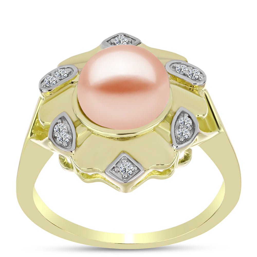 Anillo de Plata Bañada en Oro con Perla de agua dulce melocotón y Topacio Blanco