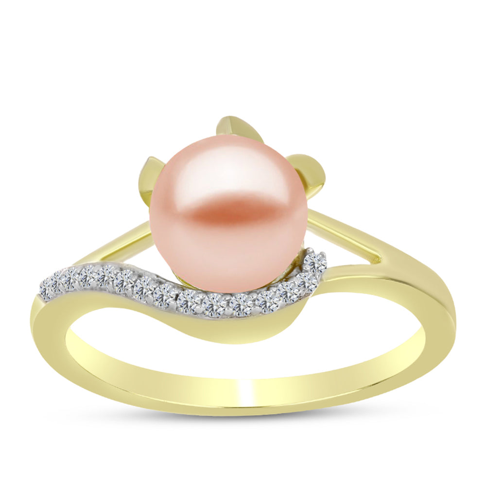 Anillo de Plata Bañada en Oro con Perla de agua dulce melocotón y Topacio Blanco 3 