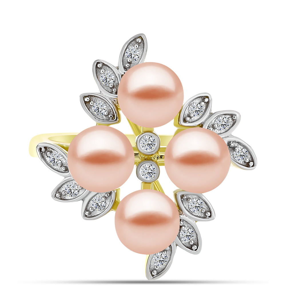 Anillo de Plata Bañada en Oro con Perla de agua dulce melocotón y Topacio Blanco