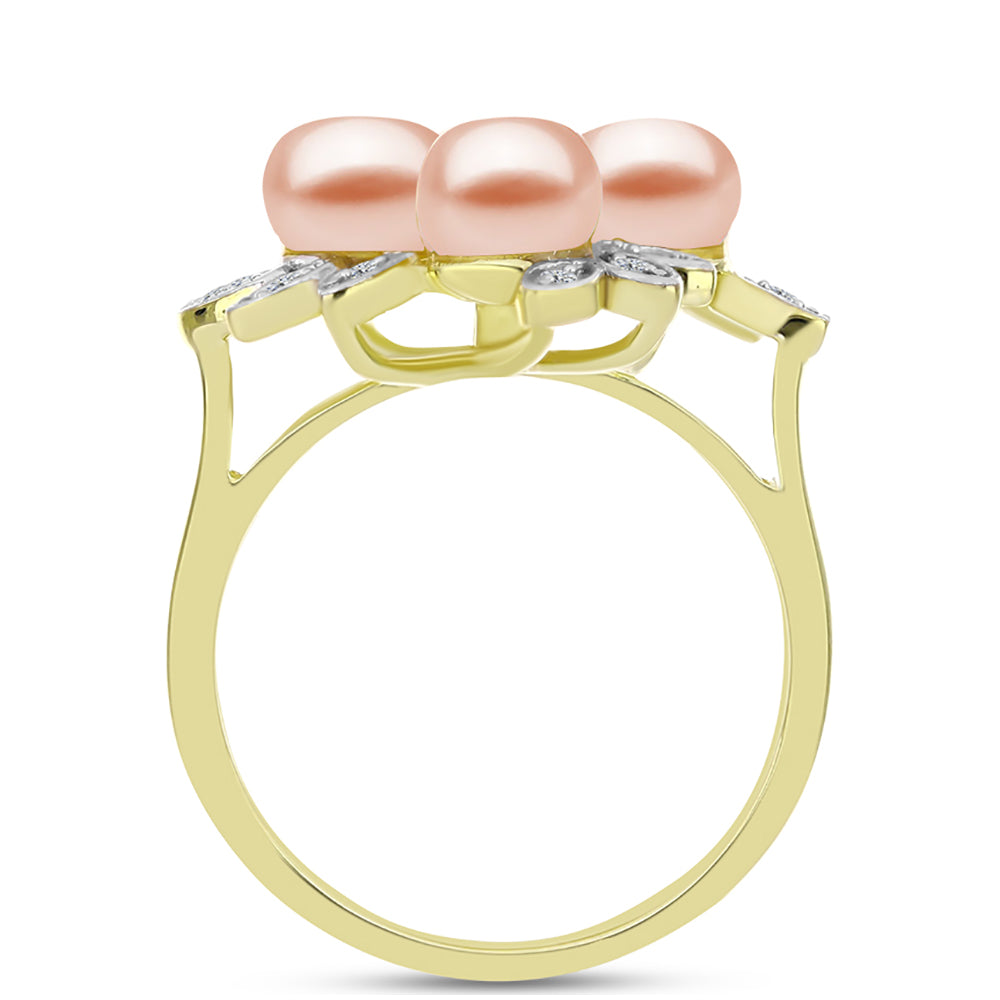 Anillo de Plata Bañada en Oro con Perla de agua dulce melocotón y Topacio Blanco