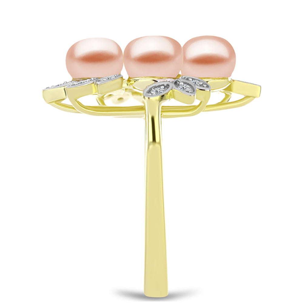 Anillo de Plata Bañada en Oro con Perla de agua dulce melocotón y Topacio Blanco 4 