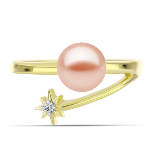 Anillo de Plata Bañada en Oro con Perla de agua dulce melocotón y Topacio Blanco