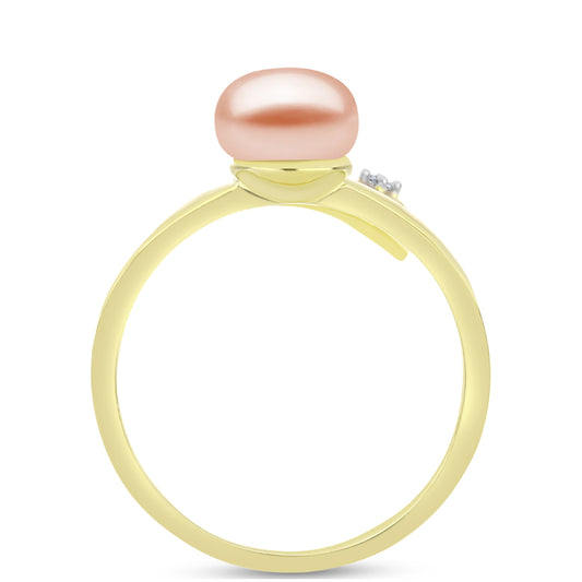 Anillo de Plata Bañada en Oro con Perla de agua dulce melocotón y Topacio Blanco