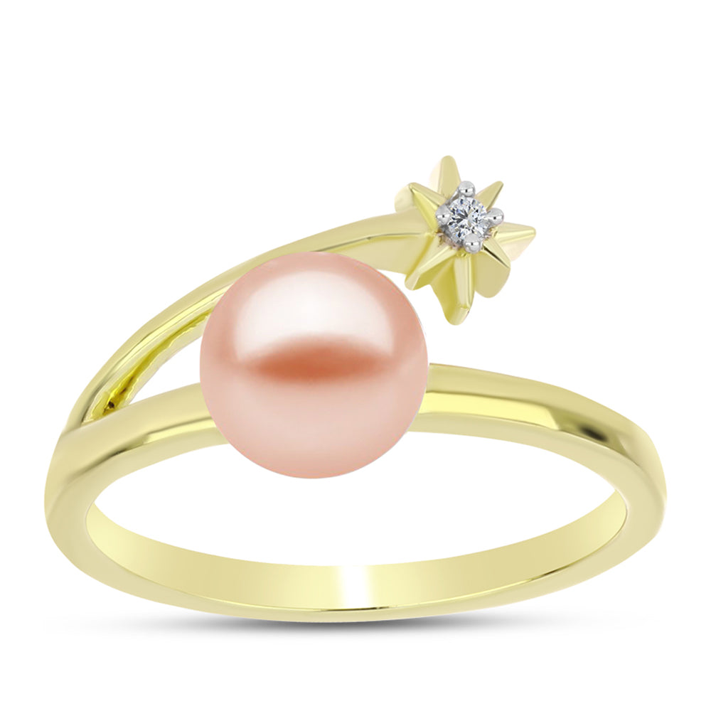 Anillo de Plata Bañada en Oro con Perla de agua dulce melocotón y Topacio Blanco 3 