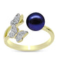 Anillo de Plata Bañada en Oro con Perla de río negra y Topacio Blanco