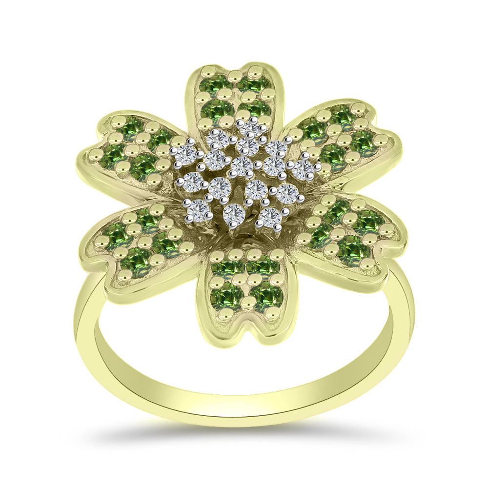 Anillo de Plata Bañada en Oro con Zafiro Verde y Topacio Blanco 3 