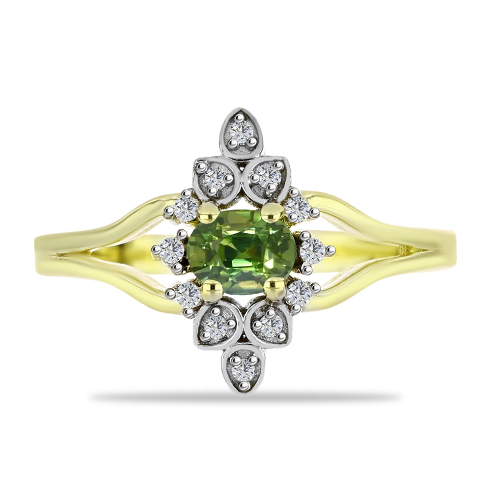 Anillo de Plata Bañada en Oro con Zafiro Verde y Topacio Blanco