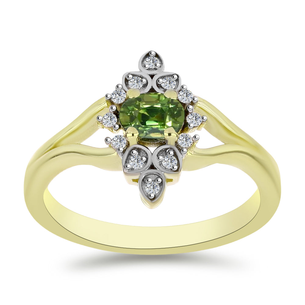 Anillo de Plata Bañada en Oro con Zafiro Verde y Topacio Blanco