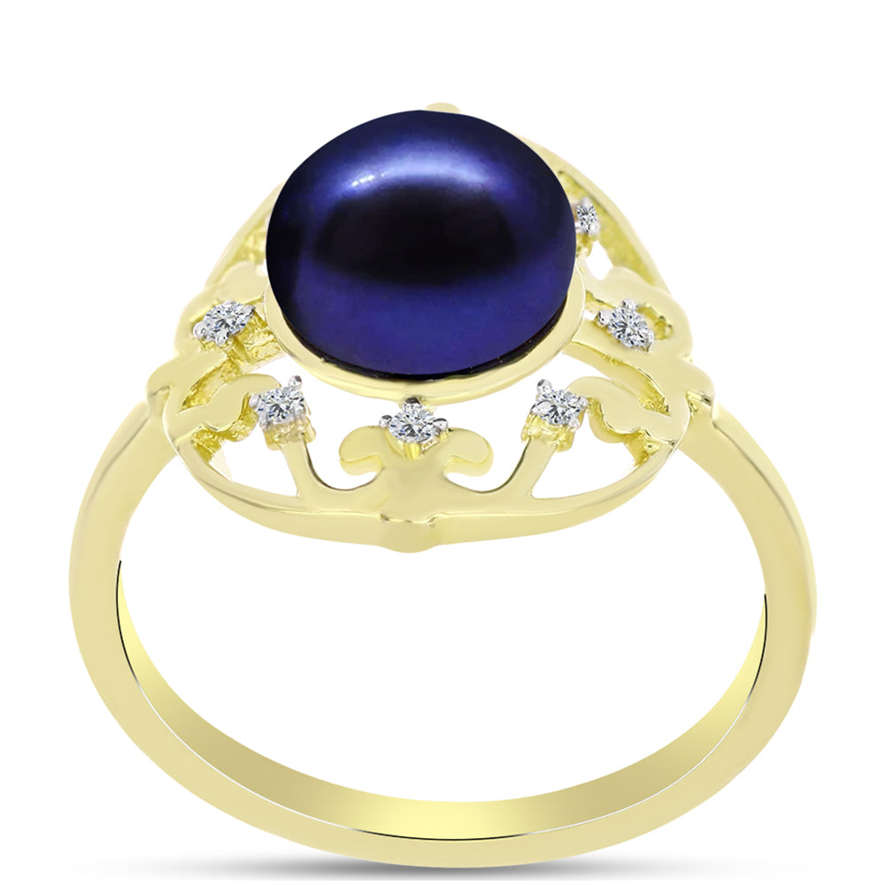 Anillo de Plata Bañada en Oro con Perla Negra de Agua dulce y Topacio Blanco 3 