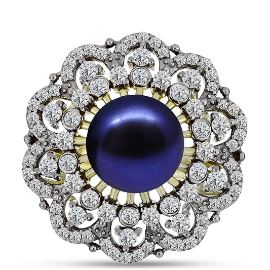 Anillo de Plata Bañada en Oro con Perla Negra de Agua dulce y Topacio Blanco
