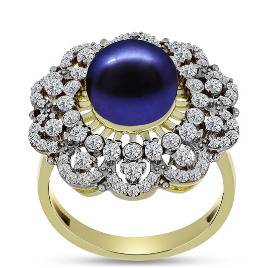 Anillo de Plata Bañada en Oro con Perla Negra de Agua dulce y Topacio Blanco