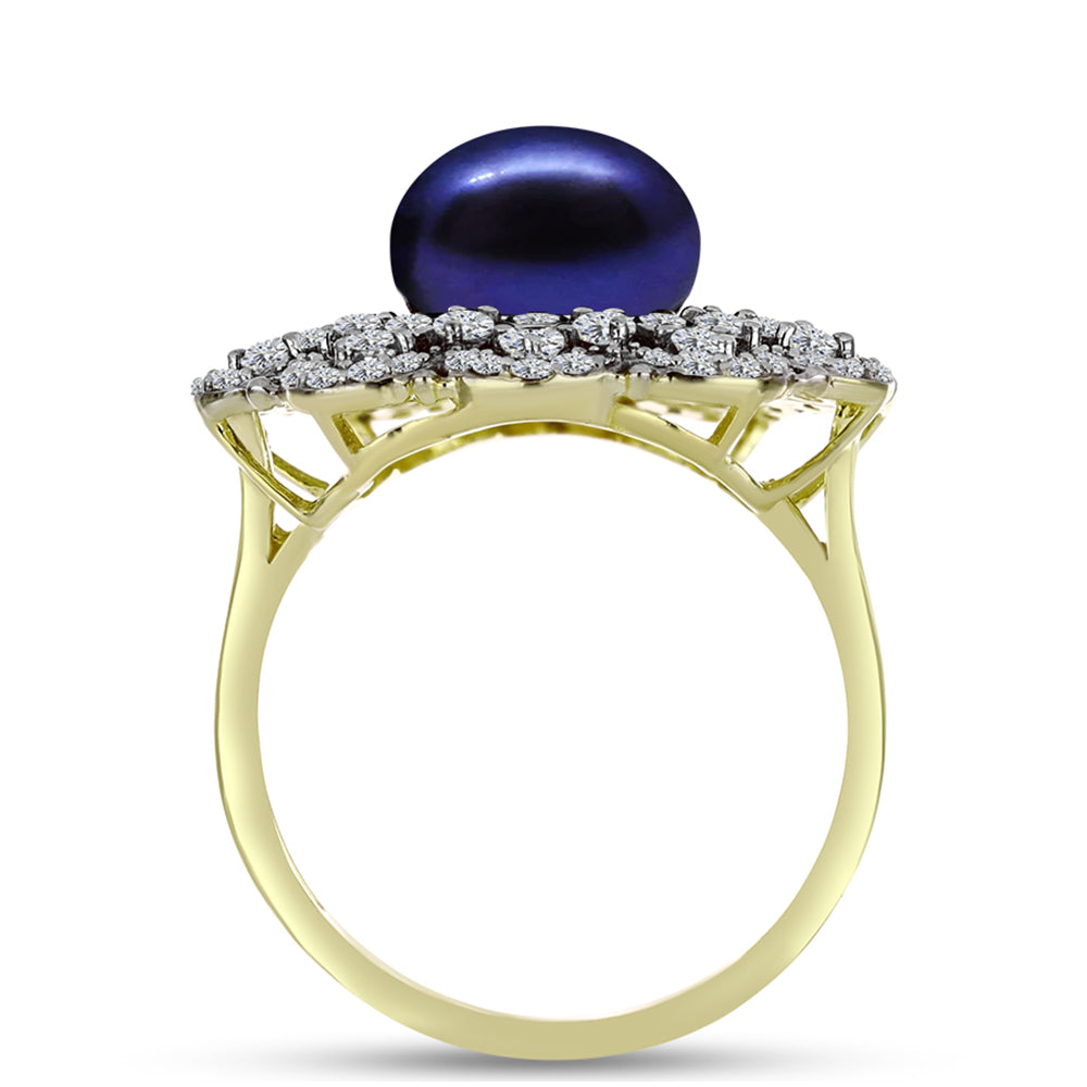 Anillo de Plata Bañada en Oro con Perla Negra de Agua dulce y Topacio Blanco 3 