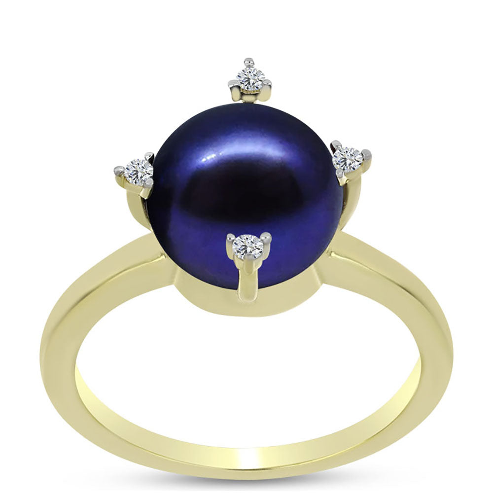 Anillo de Plata Bañada en Oro con Perla Negra de Agua dulce y Topacio Blanco 3 