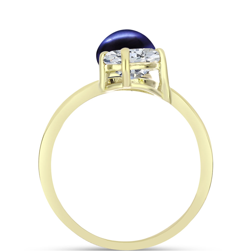 Anillo de Plata Bañada en Oro con Perla Negra de Agua dulce y Topacio Blanco