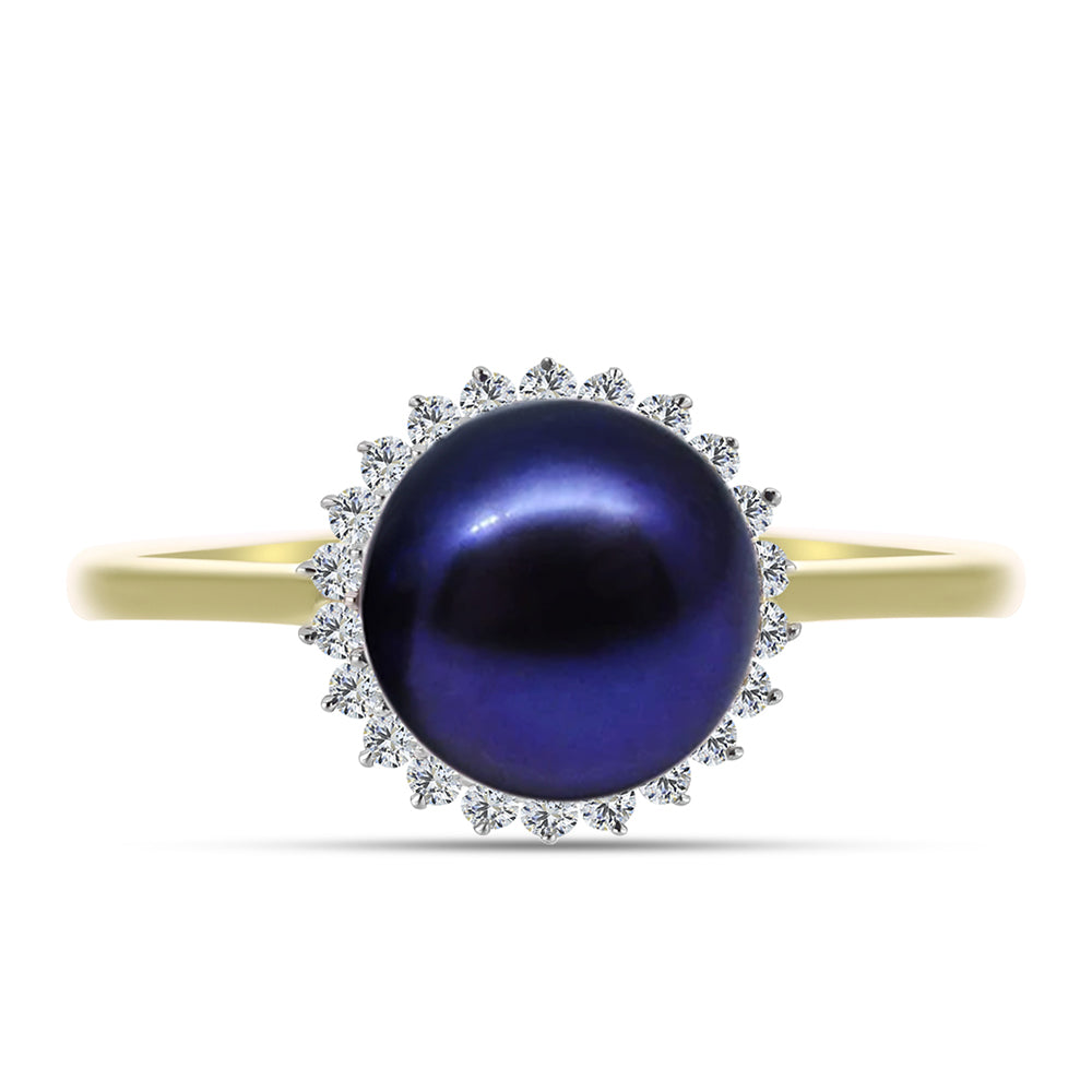 Anillo de Plata Bañada en Oro con Perla Negra de Agua dulce y Topacio Blanco 1 
